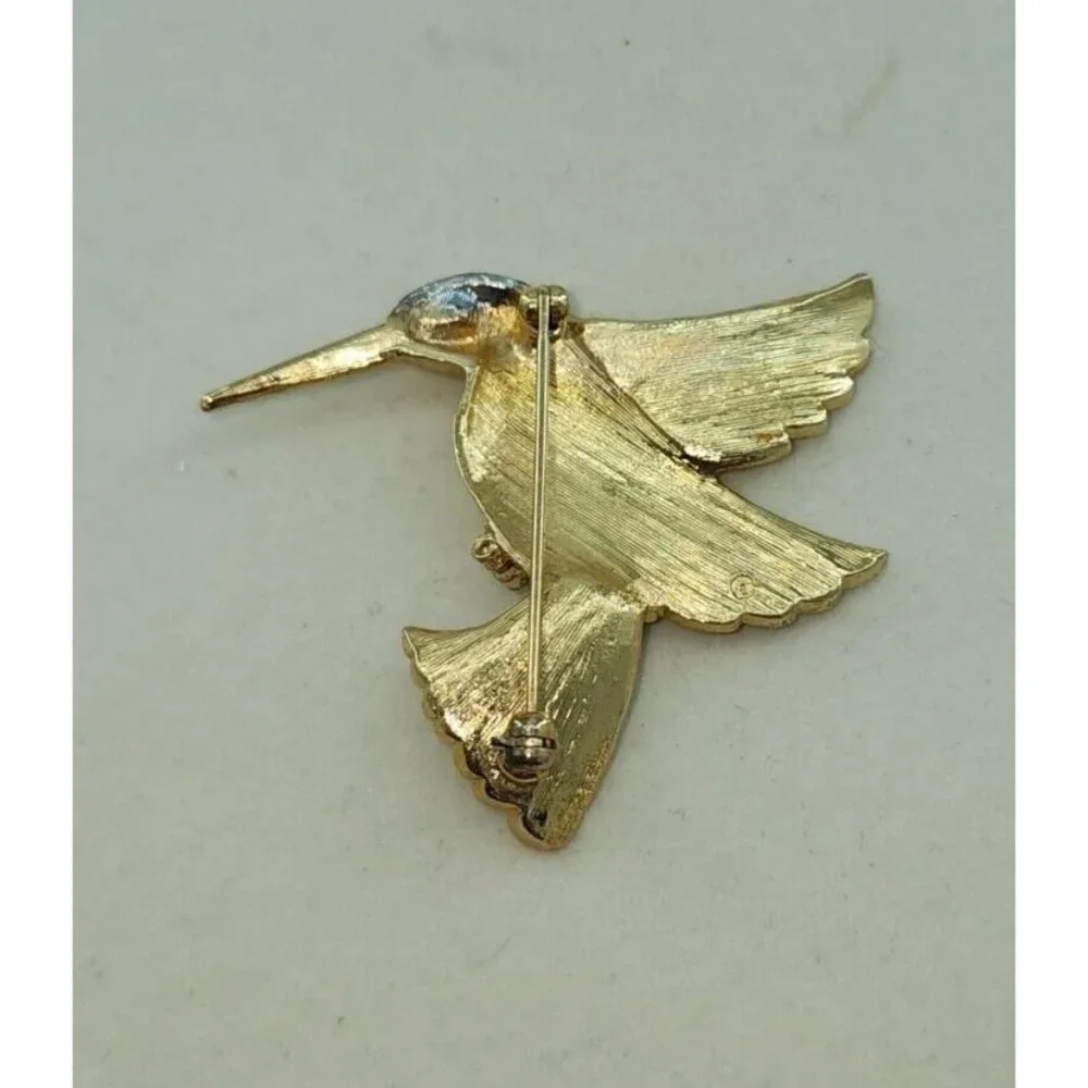 Vintage Avon Hummingbird Brooch Pin‎ Gold Tone Red Rhinestone Eye Signed Animal